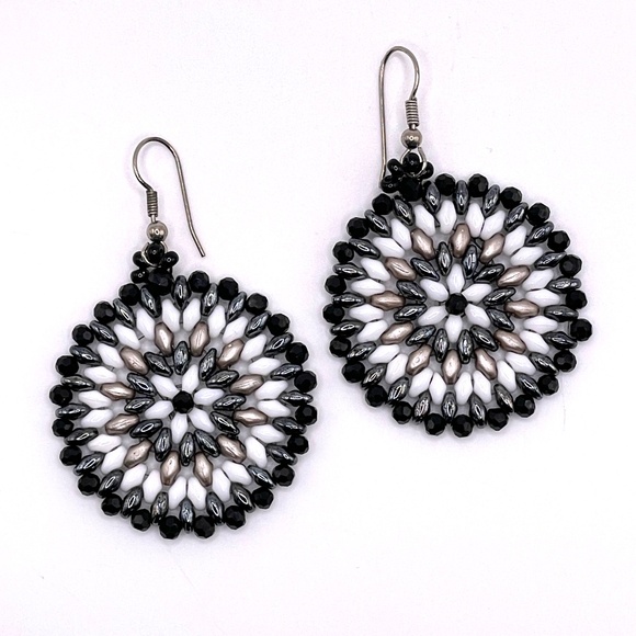 Czech Glass Bead Stitched Medallion Beaded Pierced Earrings - Picture 2 of 8